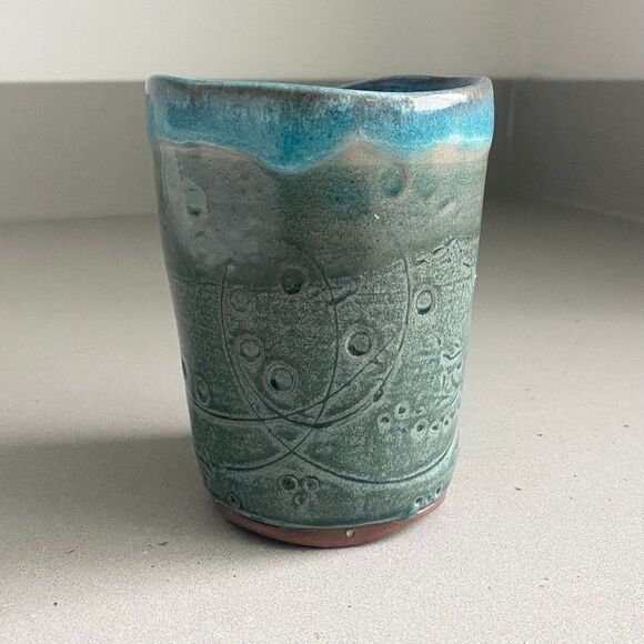 Vintage Handmade Glazed Sea-foam Turquoise Teal Sand Pottery Vase, 4.5”H x 3.5”W - Picture 2 of 7